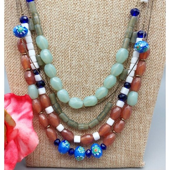 Long Multi Strand Glass Mixed Bead Necklace Dark Gold Tone Chains Colorful 28" - Picture 3 of 7